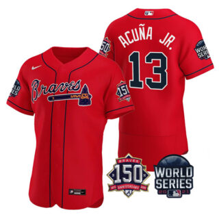 Men's Atlanta Braves Ronald Acuna Jr. 2021 World Series Stitched Jersey Flex Base Red