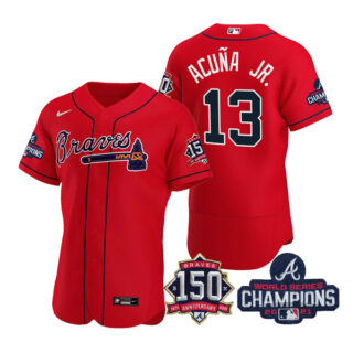 Men's Atlanta Braves Ronald Acuna Jr. 2021 World Series Champions Stitched Jersey Flex Base Red