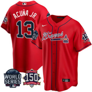 Men's Atlanta Braves Ronald Acuna Jr. Los Bravos 2021 World Series Stitched Jersey - Red