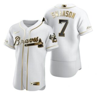 Men's #7 Dansby Swanson Atlanta Braves Flex Base Jersey White Golden