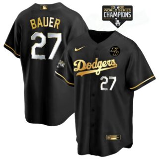 Men's Los Angeles Dodgers Trevor Bauer Jersey World Series Champions Special Edition Black Golden
