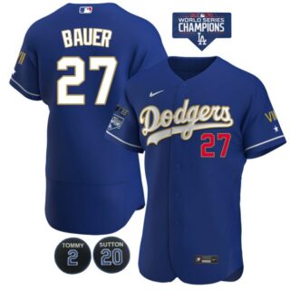 Men's Los Angeles Dodgers Trevor Bauer Jersey World Series Champions Special Edition Royal Gold