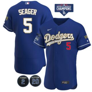 Men's Los Angeles Dodgers Corey Seager Jersey World Series Champions Special Edition Royal Gold