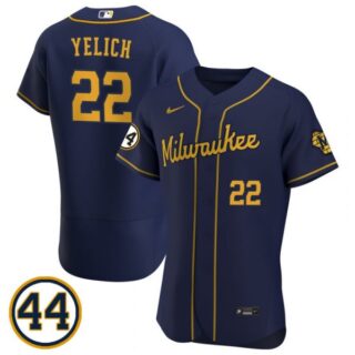 Men's #22 Christian Yelich Milwaukee Brewers Cream Jersey Flex Base Navy