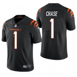 Men's #1 Ja'Marr Chase Cincinnati Bengals Vapor Limited Jersey Stitched 2021 Black