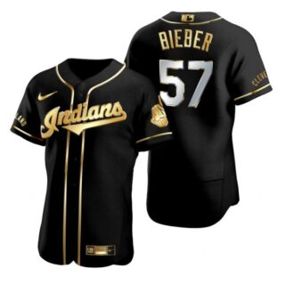 Men's Shane Bieber Cleveland Indians Flex Base Jersey Black Golden