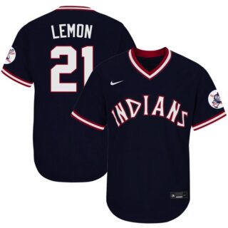 Men's Cleveland Indians #21 Bob Lemon 1975 Throwback Jersey - Stitched Navy