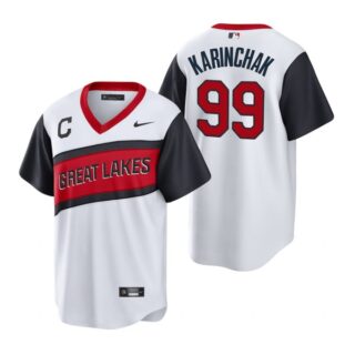 Men's #99 James Karinchak Cleveland Indians White Home 2021 Little League Classic Jersey