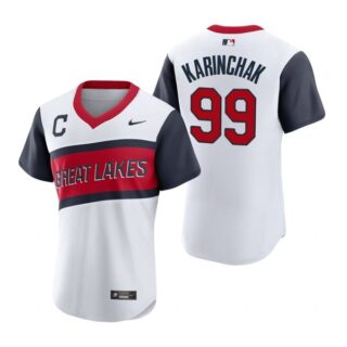 Men's #99 James Karinchak Cleveland Indians White Home 2021 Little League Classic Jersey