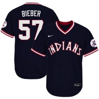 Men's Cleveland Indians #57 Shane Bieber 1975 Throwback Jersey - Stitched Navy