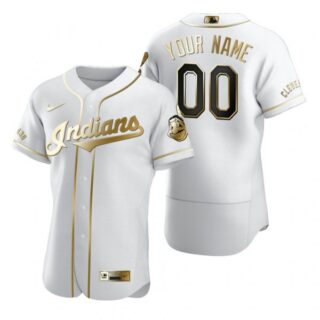 Men's Custom Cleveland Indians Flex Base Jersey White Golden