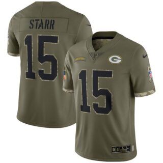 Youth Bart Starr Green Bay Packers Olive 2022 Salute To Service Jersey Stitched