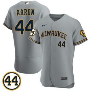 Men's #44 Hank Aaron Milwaukee Brewers Cream Jersey Flex Base Gray