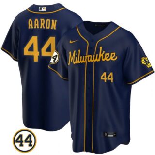 Men's #44 Hank Aaron Milwaukee Brewers Gray Jersey Cool Base Navy
