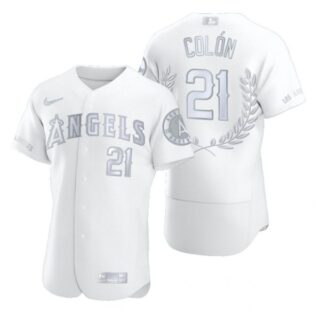 Men's #21 Bartolo Colón Los Angeles Angels Flex Base Jersey White Award