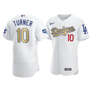Men's Los Angeles Dodgers #10 Justin Turner Flex Base Jersey Stitched White Gold Program