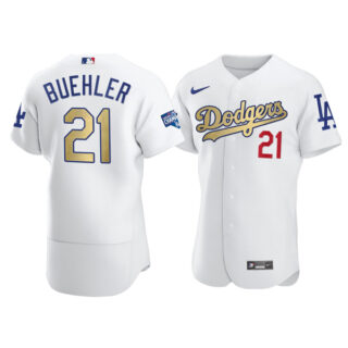 Men's Los Angeles Dodgers #21 Walker Buehler Flex Base Jersey Stitched White Gold Program