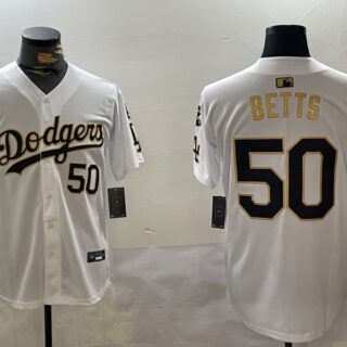 men's los angeles dodgers #50 mookie betts white gold 2024 world series with fernando memorial patch limited stitched baseball jersey