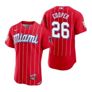 Men's Garrett Cooper Miami Marlins Flex Base Jersey Red City Connect