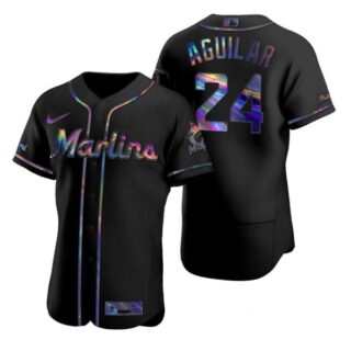 Men's Jesus Aguilar Miami Marlins Flex Base Jersey Black Holographic