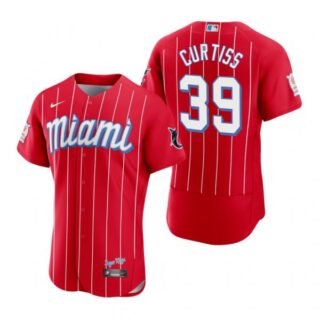 Men's John Curtiss Miami Marlins Flex Base Jersey Red City Connect