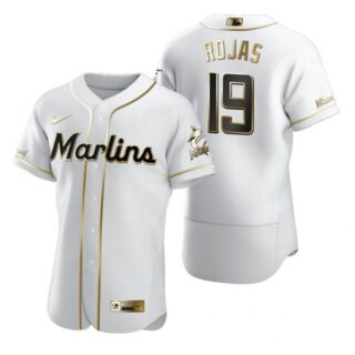 Men's Miguel Rojas Miami Marlins Flex Base Jersey White Golden
