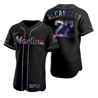 Men's Sandy Alcantara Miami Marlins Flex Base Jersey Black Holographic