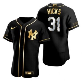 Men's Aaron Hicks New York Yankees Flex Base Jersey Black Golden