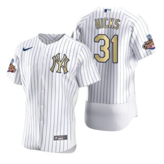 Men's Aaron Hicks New York Yankees Flex Base Jersey White Gold WS