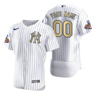 Men's Custom New York Yankees Flex Base Jersey White Gold WS