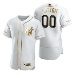 Men's Custom New York Yankees Flex Base Jersey White Golden