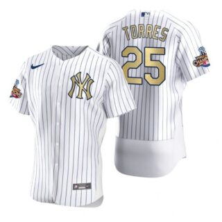 Men's Gleyber Torres New York Yankees Flex Base Jersey White Gold WS