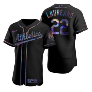 Men's #22 Ramon Laureano Oakland Athletics Flex Base Jersey Black Holographic