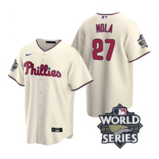 Men's Philadelphia Phillies Aaron Nola 2022 World Series Cream Stitched Jersey