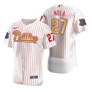 Men's #27 Aaron Nola Philadelphia Phillies Flex Base Jersey White Gold WS