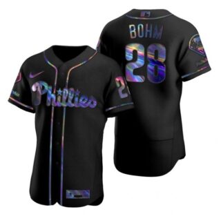Men's #28 Alec Bohm Philadelphia Phillies Flex Base Jersey Black Holographic