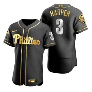 Men's #3 Bryce Harper Philadelphia Phillies Flex Base Jersey Black Golden