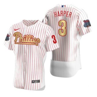 Men's #3 Bryce Harper Philadelphia Phillies Flex Base Jersey White Gold WS