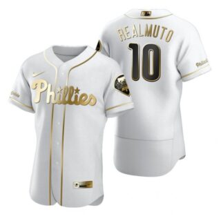 Men's #10 J.T. Realmuto Philadelphia Phillies Flex Base Jersey White Golden