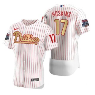 Men's #17 Rhys Hoskins Philadelphia Phillies Flex Base Jersey White Gold WS
