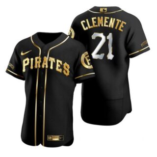 Men's #21 Roberto Clemente Pittsburgh Pirates Flex Base Jersey Black Golden