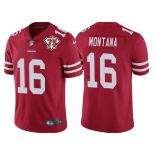 Men's #16 Joe Montana San Francisco 49ers 75th Anniversary Patch Limited Jersey Stitched Red