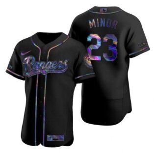 Men's Mike Minor Texas Rangers Flex Base Jersey Scarlet Black Holographic