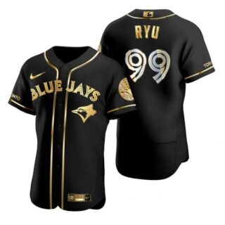 Men's Hyun Jin Ryu Toronto Blue Jays Flex Base Jersey Black Holographic Black Golden