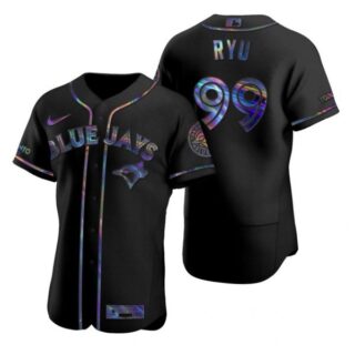 Men's Hyun Jin Ryu Toronto Blue Jays Flex Base Jersey Black Holographic Black Holographic