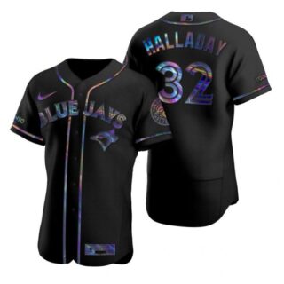 Men's Roy Halladay Toronto Blue Jays Flex Base Jersey Black Awards Black Holographic