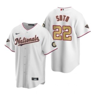 Men's Juan Soto Washington Nationals Cool Base Jersey Red World Series Champions White Gold WS