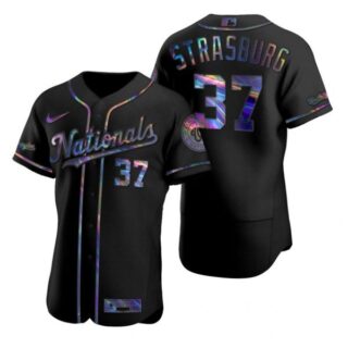 Men's Stephen Strasburg Washington Nationals Flex Base Jersey Black Golden Black Holographic