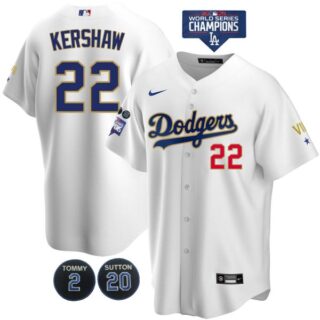 Men's Los Angeles Dodgers Clayton Kershaw Jersey World Series Champions Special Edition White Gold