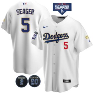 Men's Los Angeles Dodgers Corey Seager Jersey World Series Champions Special Edition White Gold
